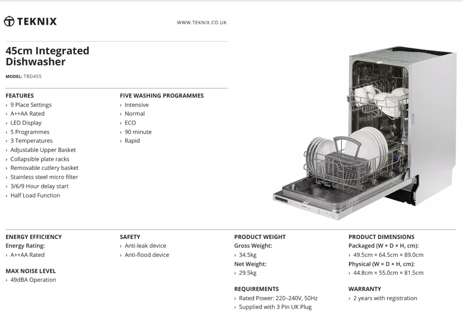 Teknix TBD455 - Integrated Dishwasher - A+ energy - Image 8