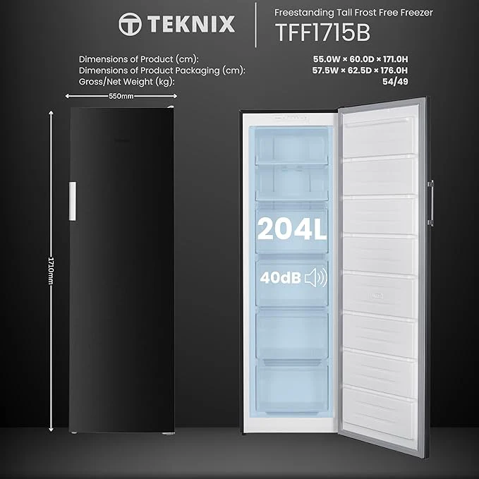 Teknix TFF1715B - Black Freestanding Tall Freezer - 204L Frost Free - E Energy - Image 3