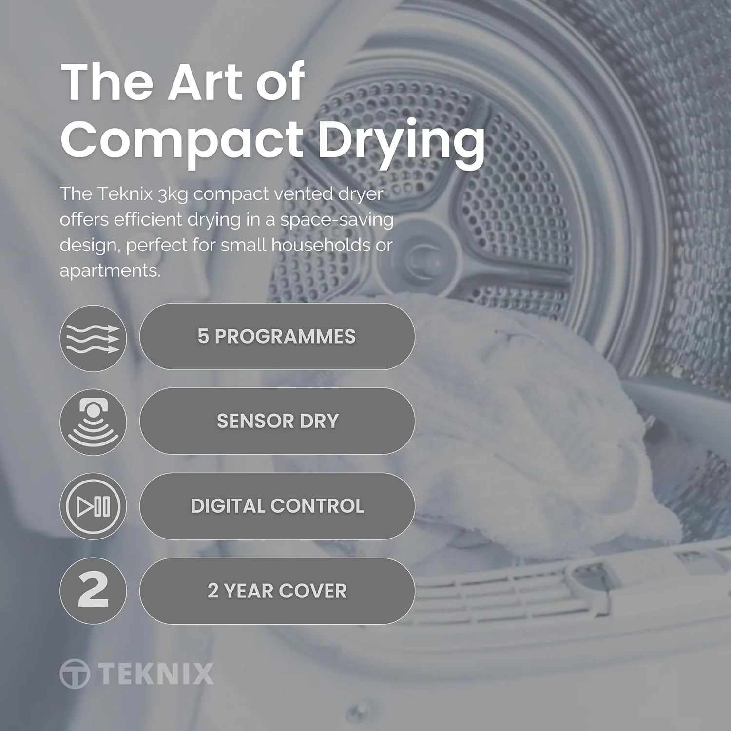 Teknix TK2V3W - White 3KG Small Compact Vented Tumble Dryer - C Energy Rating - Image 6