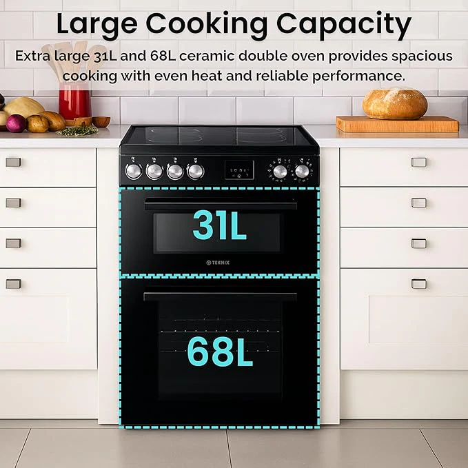 Teknix TKED64INDB - Black 60cm Induction Double Oven Electric Cooker - 4 Zones, 99L Capacity, A Energy - Image 3