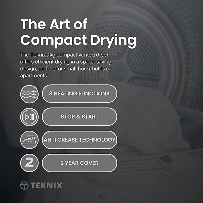 Teknix TKV3W - White 3KG Tumble Dryer - Vented - C Energy Rated - Image 4