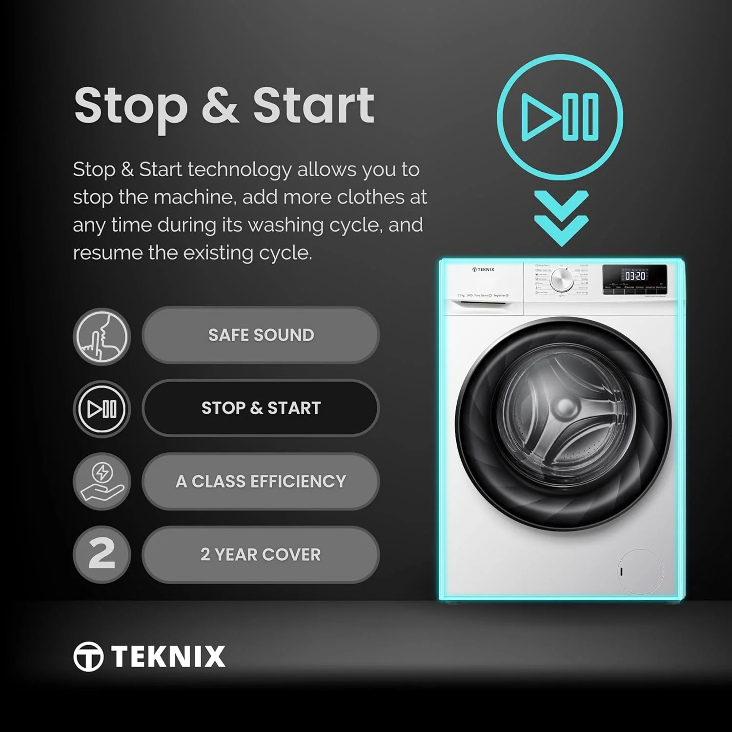 Teknix TKW12142HW - White Freestanding 12KG Washing Machine - 1400 RPM - A energy - Image 8