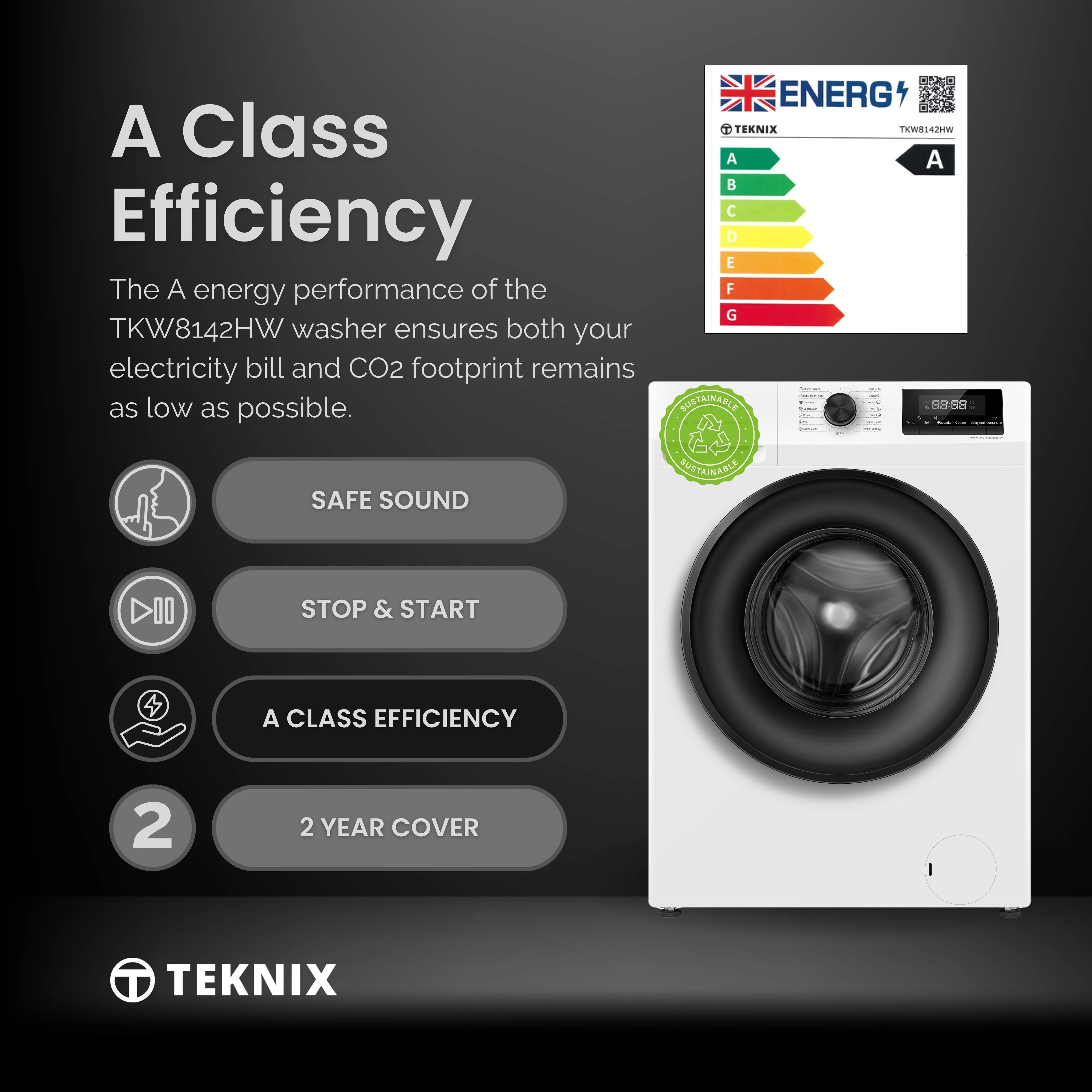 Teknix TKW8142HW - White Freestanding 8KG Washing Machine - 1400 RPM - A energy - Image 13