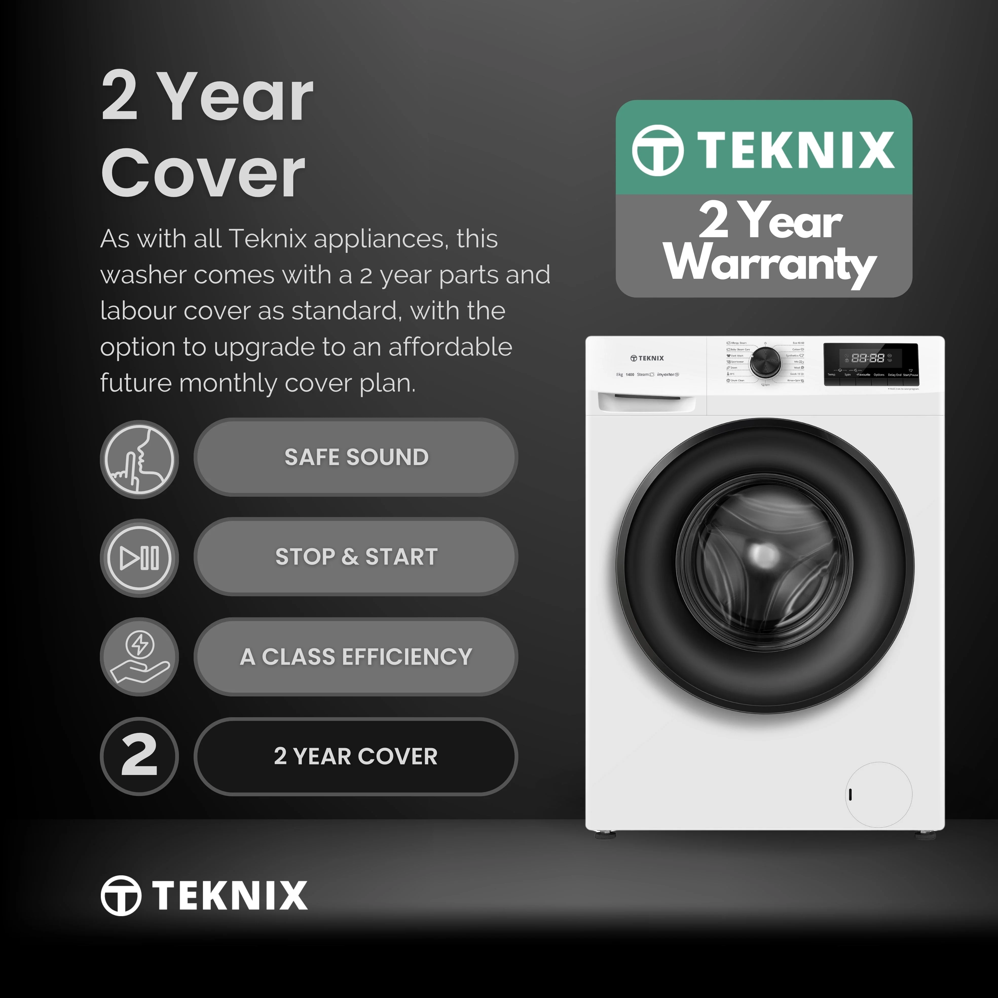Teknix TKW8142HW - White Freestanding 8KG Washing Machine - 1400 RPM - A energy - Image 2