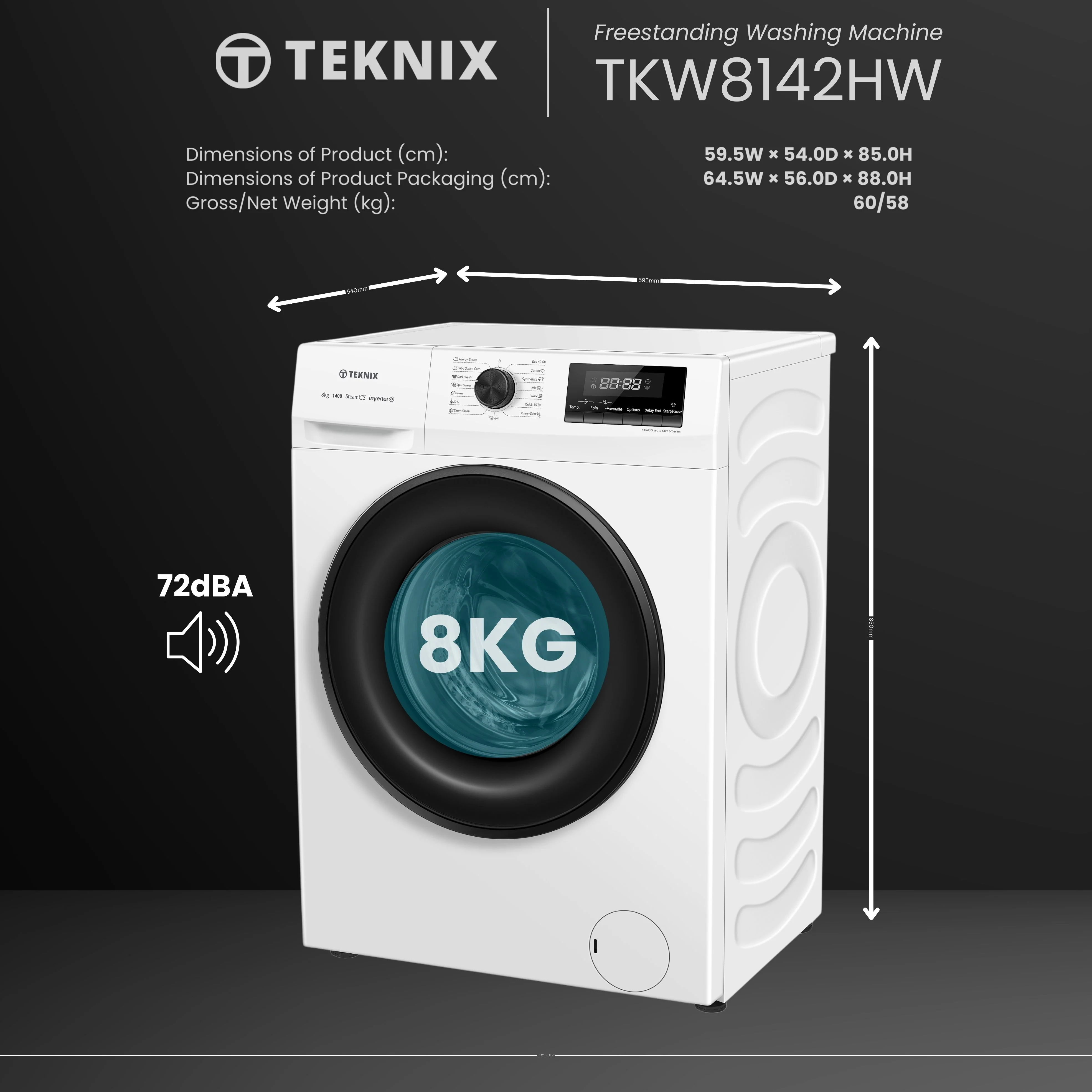 Teknix TKW8142HW - White Freestanding 8KG Washing Machine - 1400 RPM - A energy - Image 4