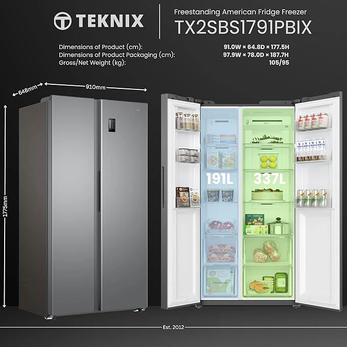 Teknix TX2SBS1791PBIX - Stainless Steel American Fridge Freezer - 523L - E Energy Rating - Image 4