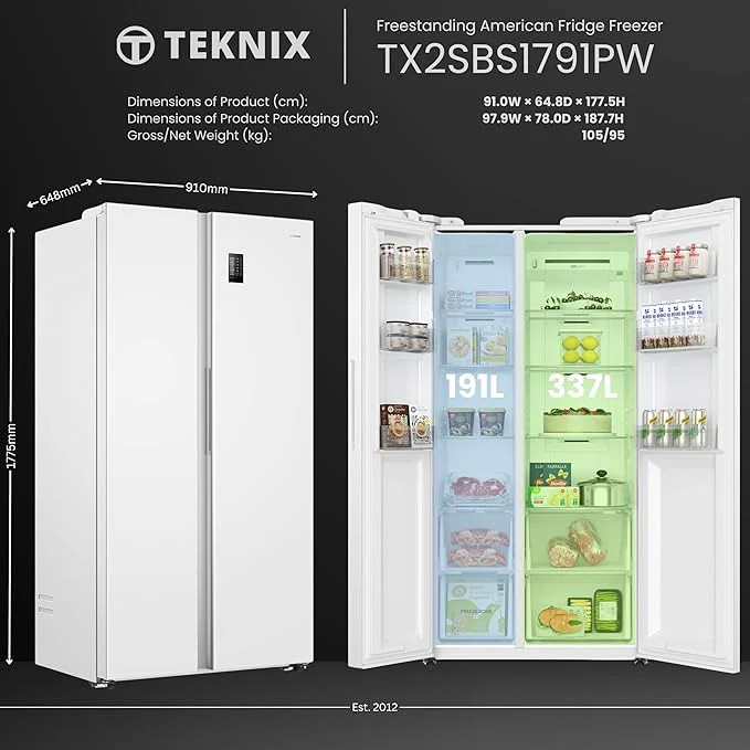 Teknix TX2SBS1791PW - White American Fridge Freezer - 523L Capacity - E Energy Rating - Image 6