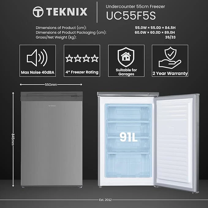 Teknix UC55F5S - Silver Undercounter Freezer - Garage Safe - 91 Litres - E Energy - Image 7