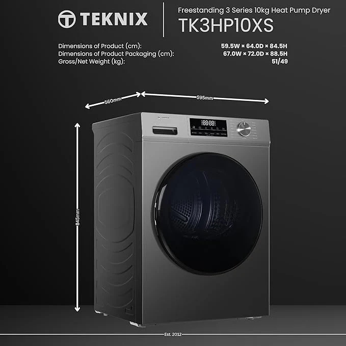 Teknix TK3HP10XS - Silver 10KG Heat Pump Tumble Dryer - E Energy Rating - Image 4